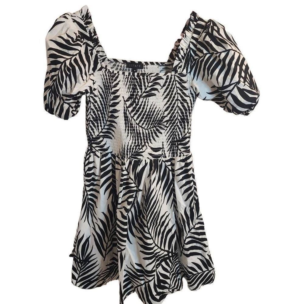 NWOT 1State Medium Cotton Black White Tropical Print Puffy Sleeve Dress